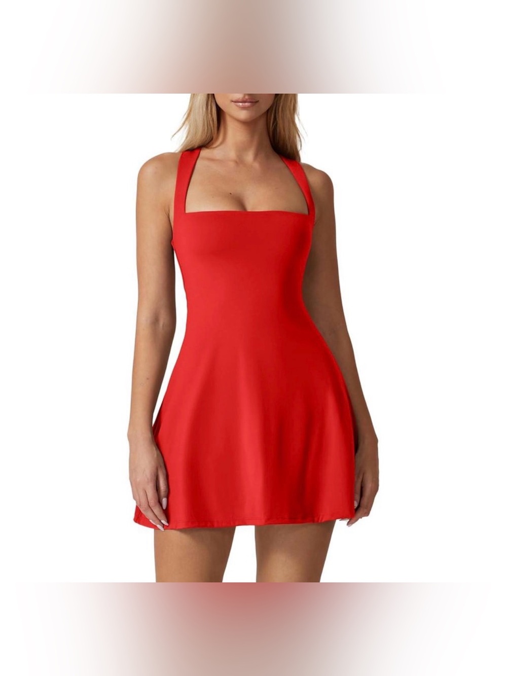 QINSEN Square Neck Athletic Dress Red Built In Shorts Pockets Size M